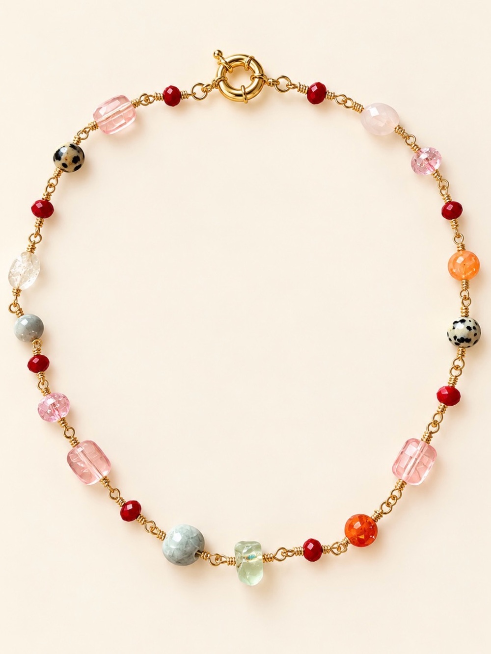 Handmade Gold Chain Multicolor Bead Necklace — Pink, Orange & Red Accents